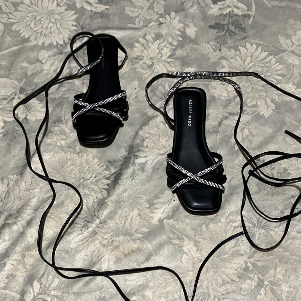 Elegant Black and Silver Tie Up Strappy Sandals